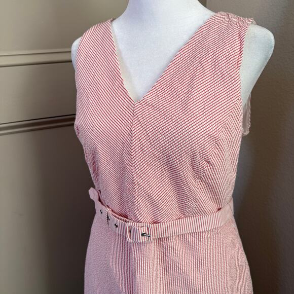 J.Crew Factory Belted Seersucker Dress Red Sleeveless Fit & Flare Size 12 - Picture 2 of 4